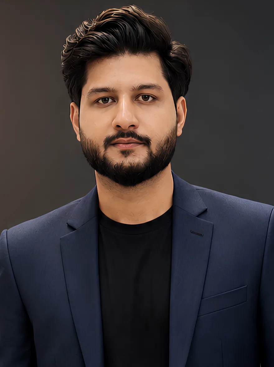 Sameed Abid, business operations and automation professional, in a navy three-piece suit